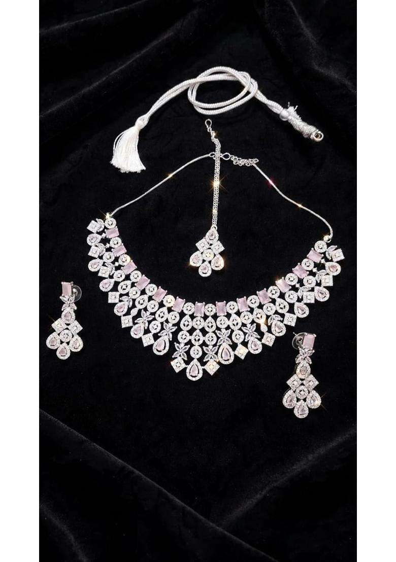 Swift Venture Womens Crystal Necklace Set with Matching Earrings and Maang Tikka - Indya