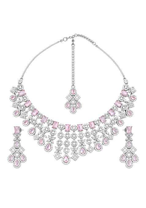 Swift Venture Womens Crystal Necklace Set with Matching Earrings and Maang Tikka