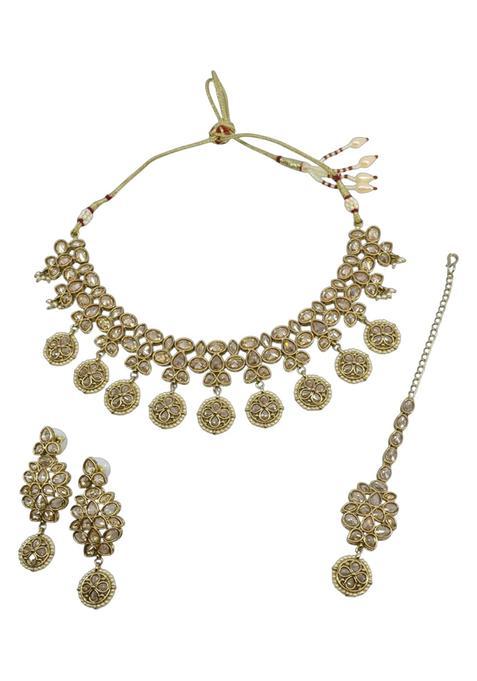 Saloni Fashion Jewellery Incredible Flower and Leaf Shape Mehandi Gold Plated Choker Necklace Set with Maang