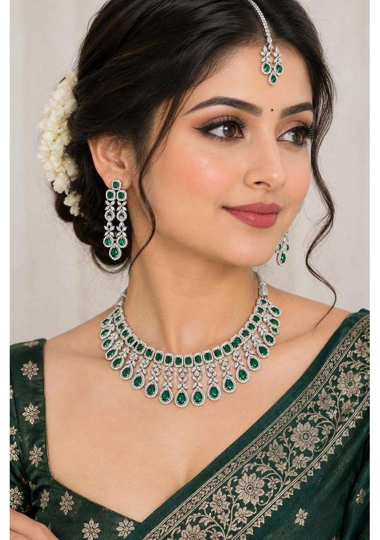 Green and Silver CZ Bridal Necklace Set with Earrings and Maang Tikka - Indya
