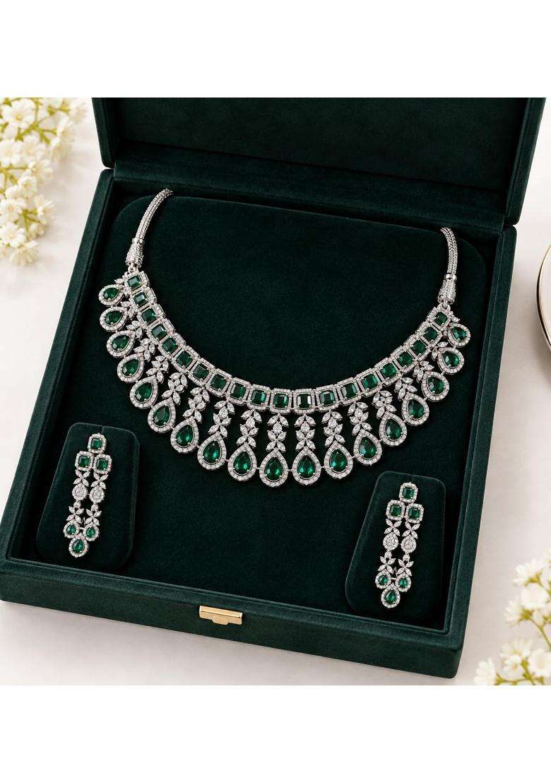 Green and Silver CZ Bridal Necklace Set with Earrings and Maang Tikka - Indya