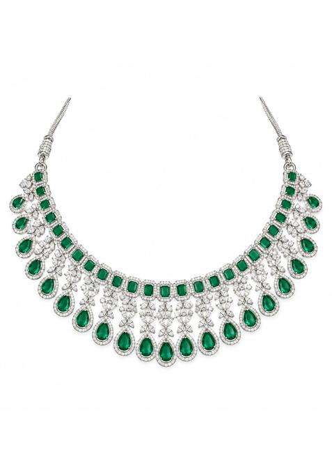 Green and Silver CZ Bridal Necklace Set with Earrings and Maang Tikka