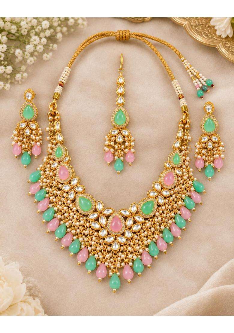 Womens Traditional Kundan Necklace Set with Earrings and Maang Tikka Gold Plated Bridal Jewellery Set - Indya
