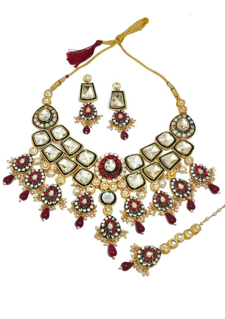 Shaili Craft 24K Gold Plated Kundan Bridal Necklace Set with Earrings and Maang Tikka - Indya