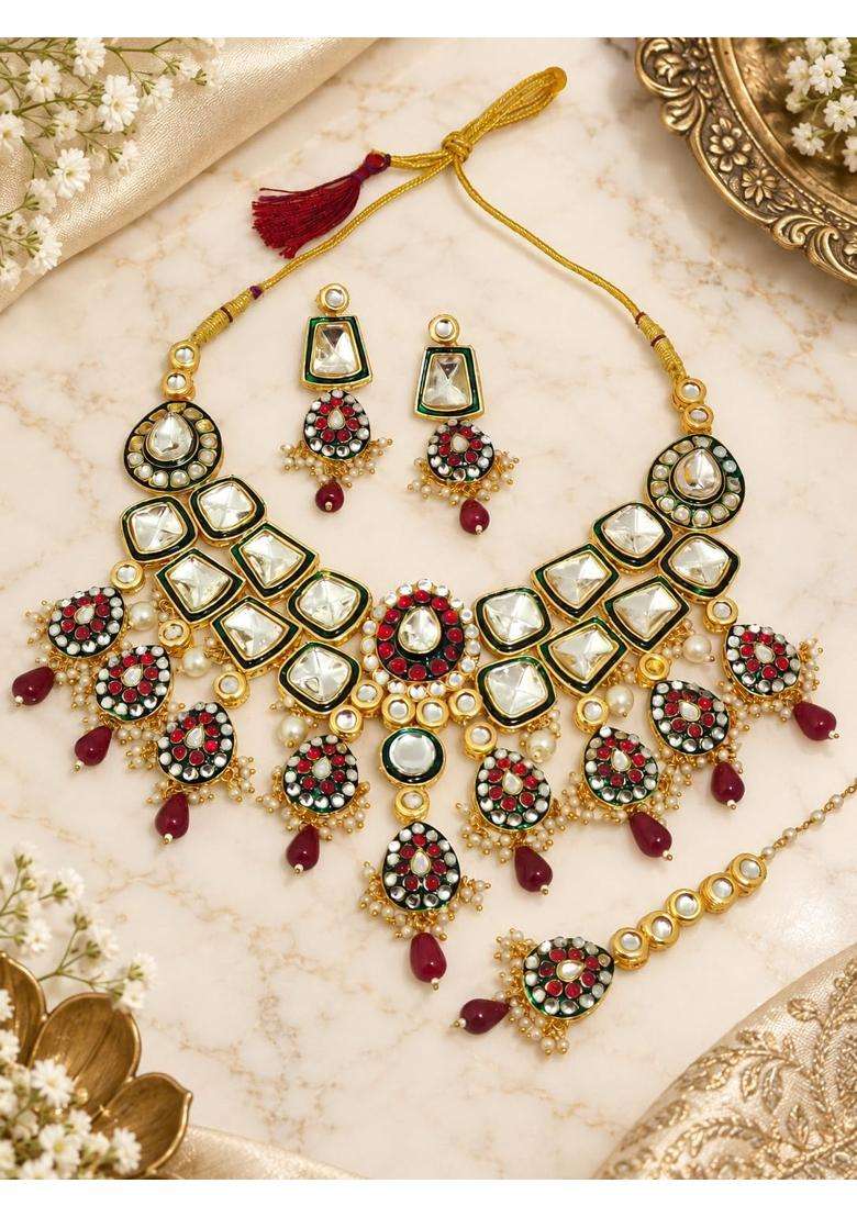 Shaili Craft 24K Gold Plated Kundan Bridal Necklace Set with Earrings and Maang Tikka - Indya