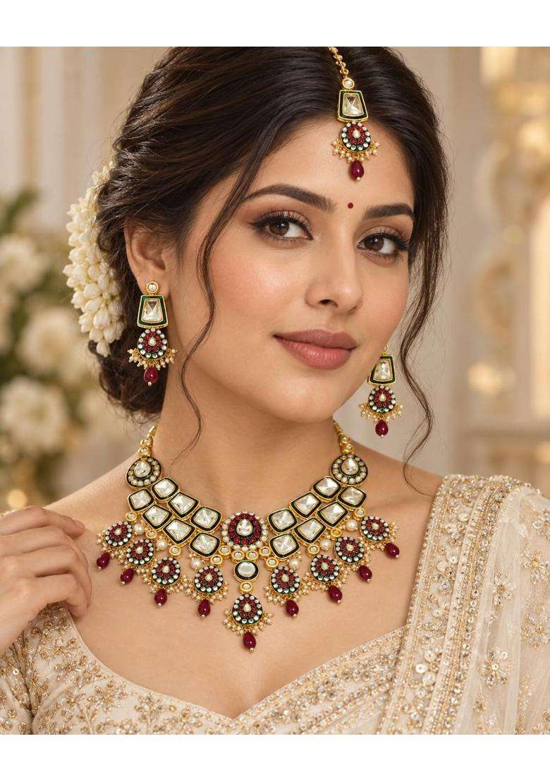 Shaili Craft 24K Gold Plated Kundan Bridal Necklace Set with Earrings and Maang Tikka - Indya