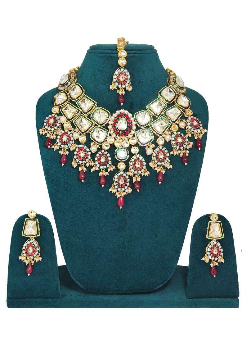 Shaili Craft 24K Gold Plated Kundan Bridal Necklace Set with Earrings and Maang Tikka - Indya