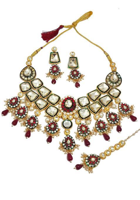 Shaili Craft 24K Gold Plated Kundan Bridal Necklace Set with Earrings and Maang Tikka