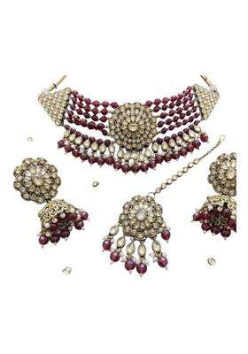 Pink Kundan Choker Necklace Set with Jhumka Earrings and Maang Tikka