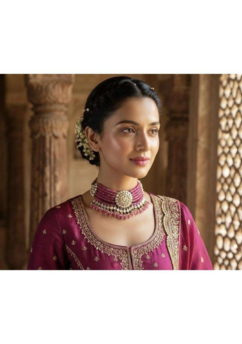 Pink Kundan Choker Necklace Set with Jhumka Earrings and Maang Tikka - Indya