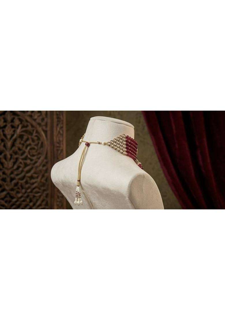 Pink Kundan Choker Necklace Set with Jhumka Earrings and Maang Tikka - Indya