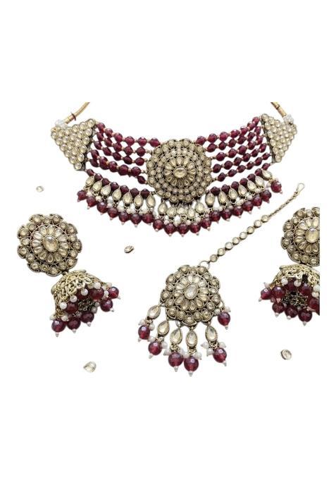 Pink Kundan Choker Necklace Set with Jhumka Earrings and Maang Tikka