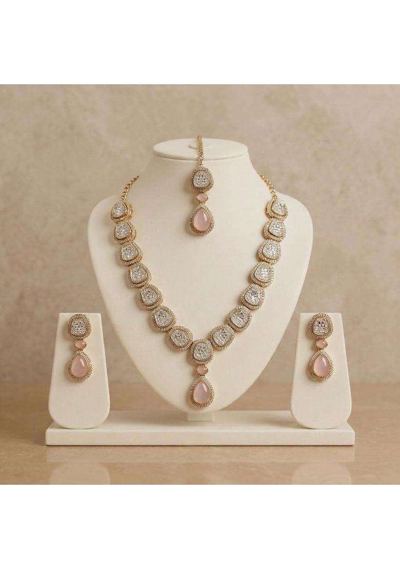 Mahera Jewels Pink Kundan Necklace Set for Women CZ Diamond Studded - Indya