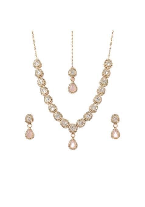 Mahera Jewels Pink Kundan Necklace Set for Women CZ Diamond Studded