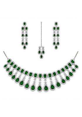 Ratna LOK Emerald Green Cubic Zirconia AD Bridal Necklace Set with Earrings and Maang Tikka