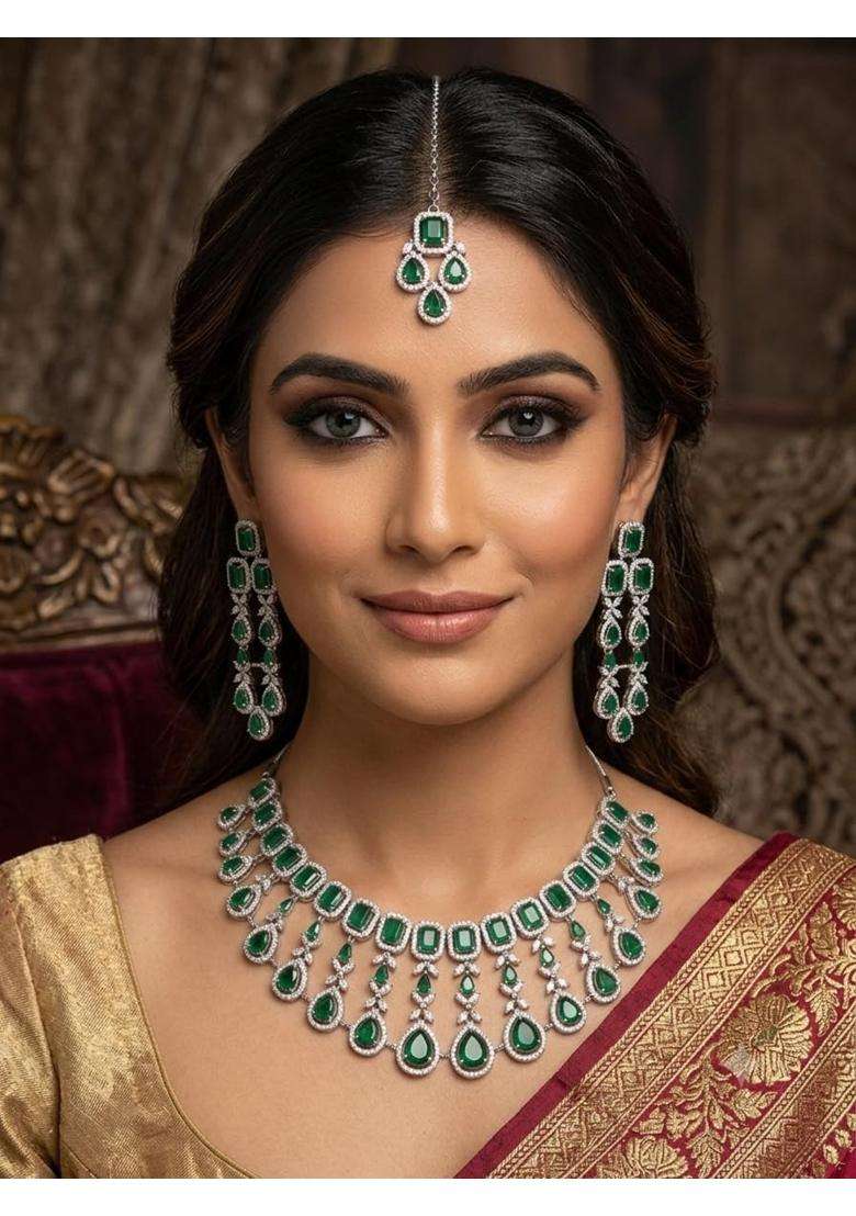 Ratna LOK Emerald Green Cubic Zirconia AD Bridal Necklace Set with Earrings and Maang Tikka - Indya