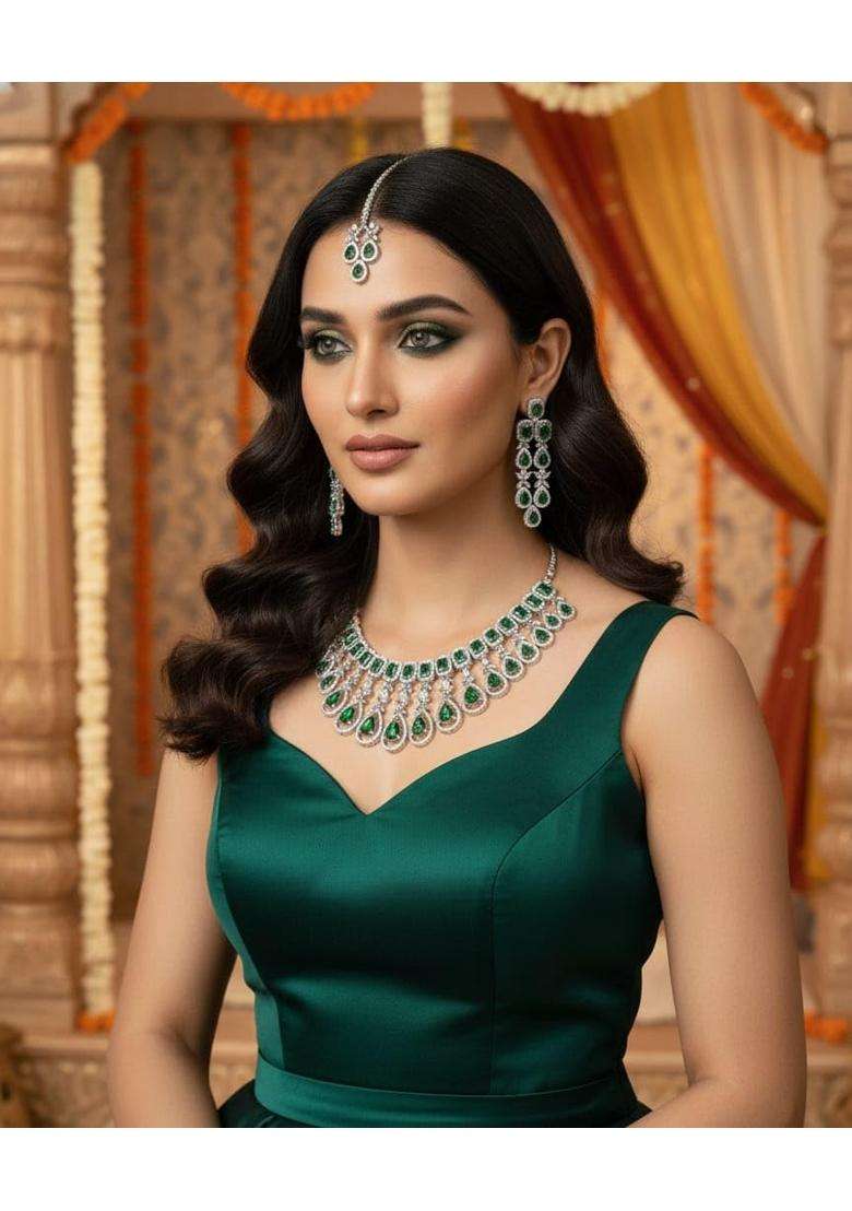 Ratna LOK Emerald Green Cubic Zirconia AD Bridal Necklace Set with Earrings and Maang Tikka - Indya