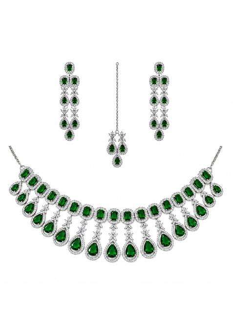 Ratna LOK Emerald Green Cubic Zirconia AD Bridal Necklace Set with Earrings and Maang Tikka