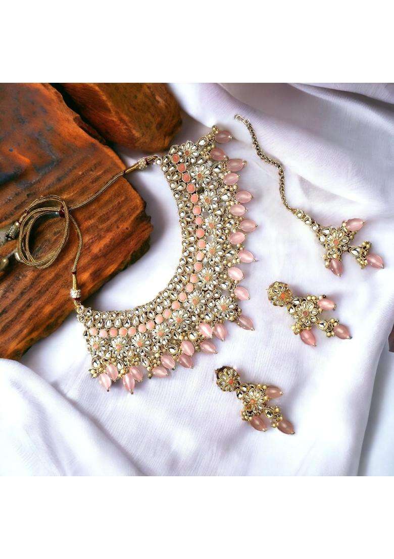 Accessher Gold Plated Traditional Handcrafted Faux Kundan and Pearl Studded Bridal Choker Necklace Set - Indya