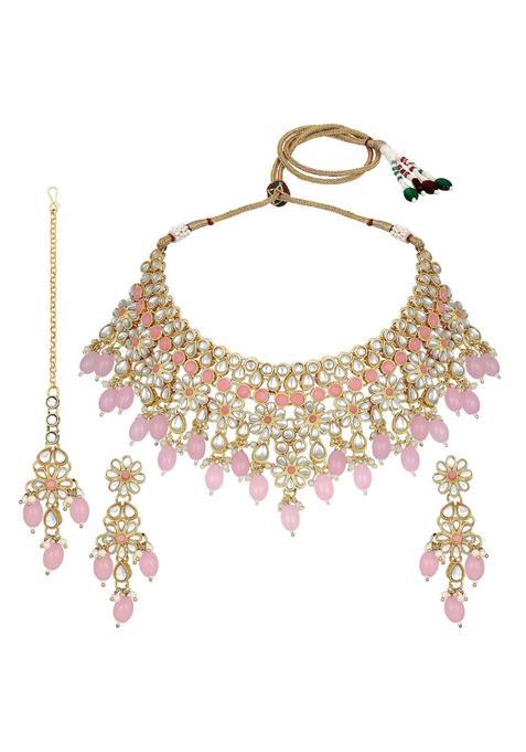 Accessher Gold Plated Traditional Handcrafted Faux Kundan and Pearl Studded Bridal Choker Necklace Set