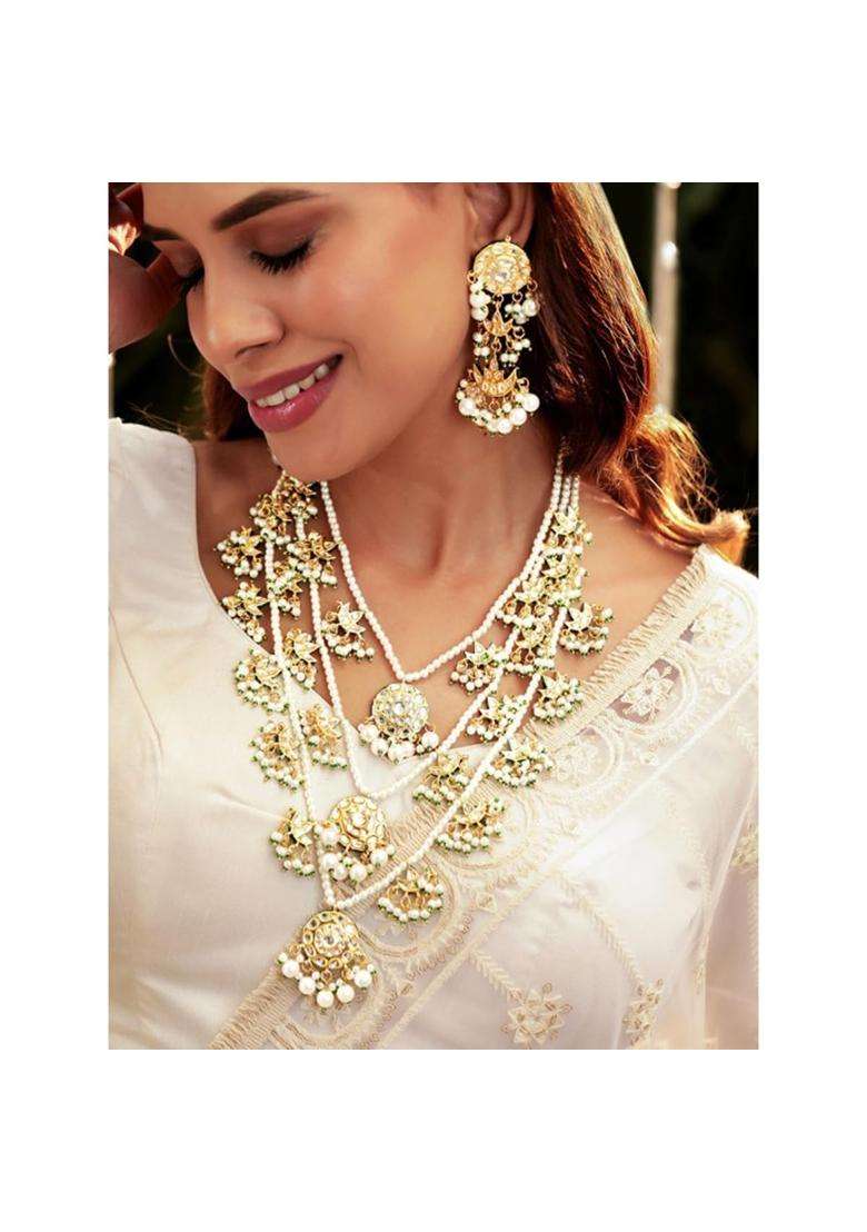 Rubans Kundan Beaded Pearl Necklace Set with Earrings Maang Tikka for Women - Indya
