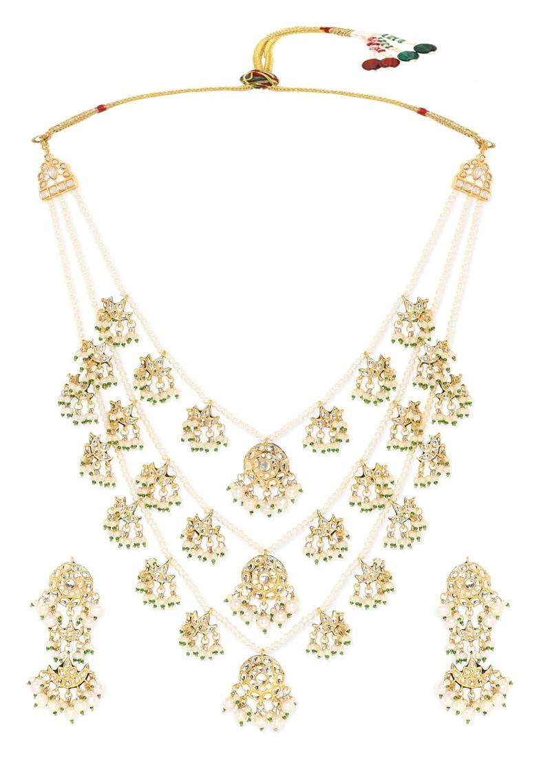 Rubans Kundan Beaded Pearl Necklace Set with Earrings Maang Tikka for Women - Indya