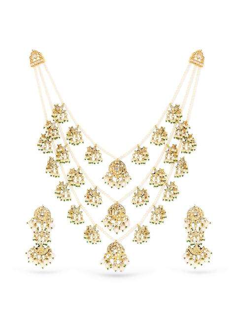 Rubans Kundan Beaded Pearl Necklace Set with Earrings Maang Tikka for Women
