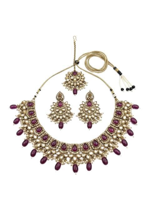 Purple Kundan Choker Necklace Set for Women with Earrings and Maang Tikka
