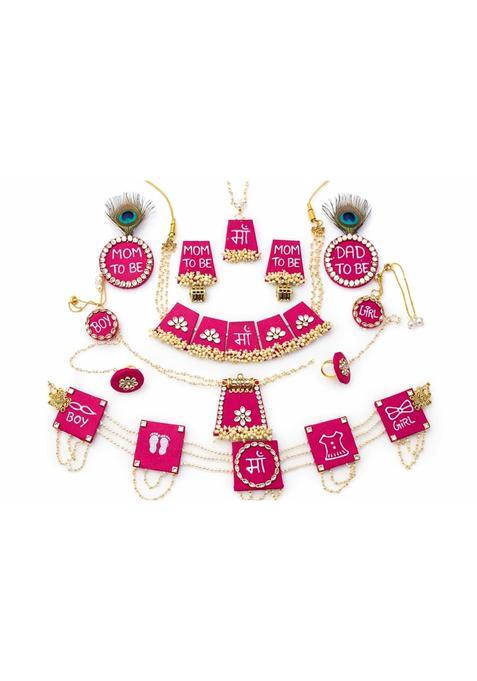 3D Eyrans Pink Mom to Be and Dad to Be Baby Shower Jewelry Set with Earrings and Maang Tikka