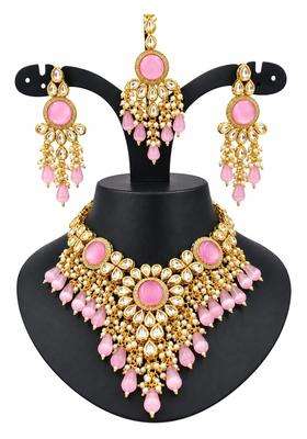 Pink Kundan Pearl Bridal Necklace Set for Women Gold Plated Traditional Choker Jewellery Set with Matching