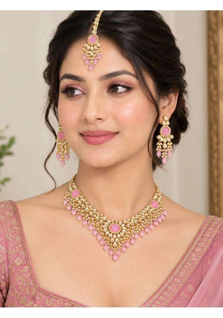 Pink Kundan Pearl Bridal Necklace Set for Women Gold Plated Traditional Choker Jewellery Set with Matching - Indya