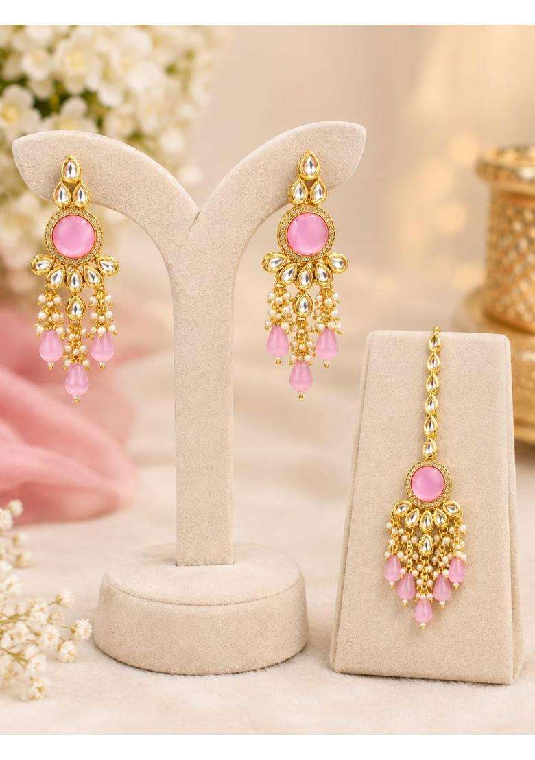 Pink Kundan Pearl Bridal Necklace Set for Women Gold Plated Traditional Choker Jewellery Set with Matching - Indya