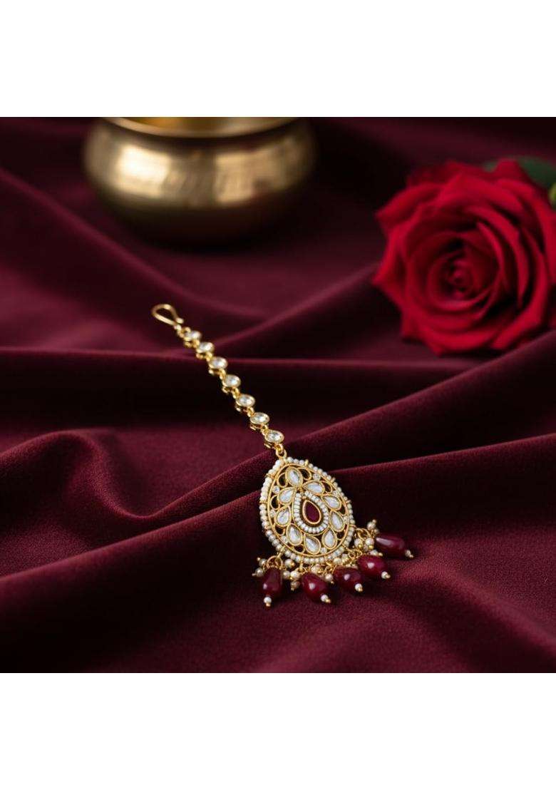 Ankkshmi Gold Finish Moissanite Kundan Maang Tikka with Red Beads and Pearls for Women - Indya