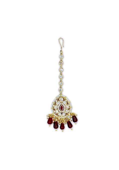 Ankkshmi Gold Finish Moissanite Kundan Maang Tikka with Red Beads and Pearls for Women