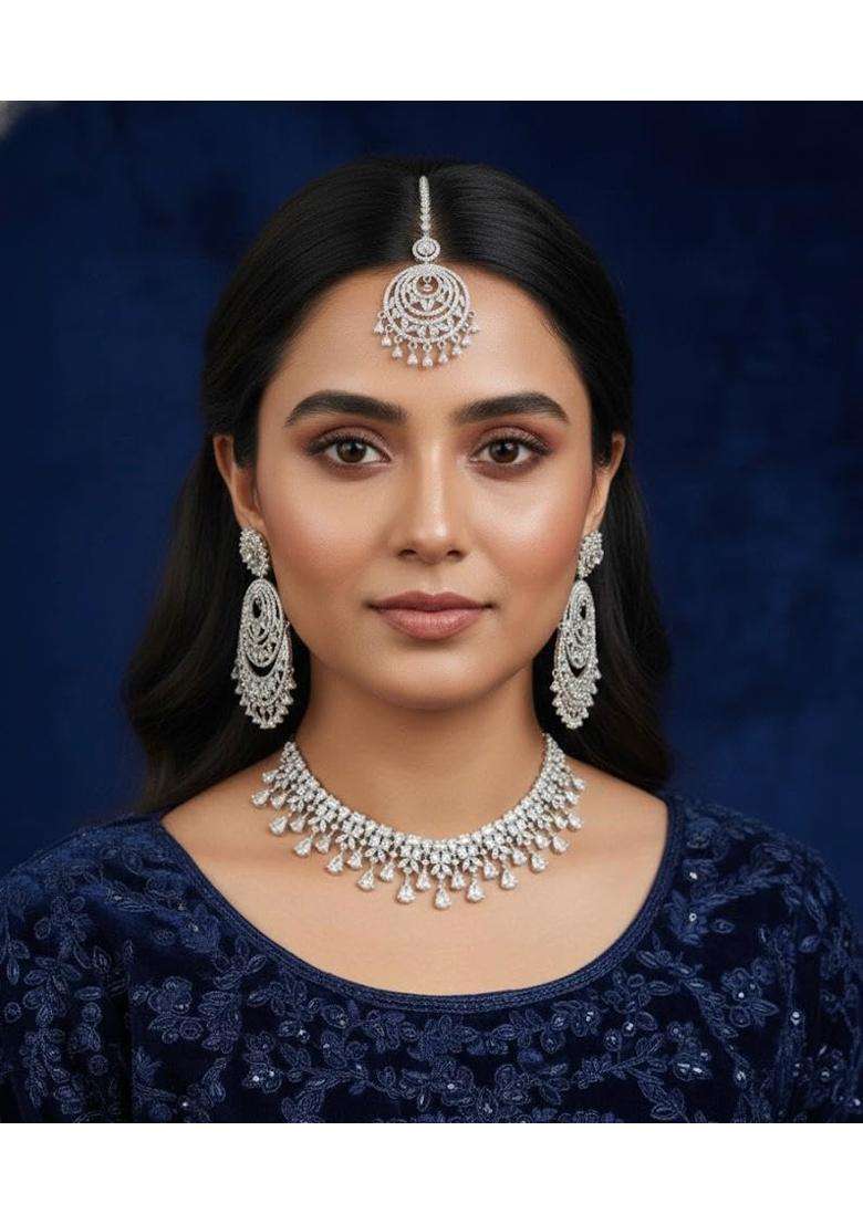 White Bridal Necklace Set with Earrings and Maang Tikka for Women and Girls - Indya