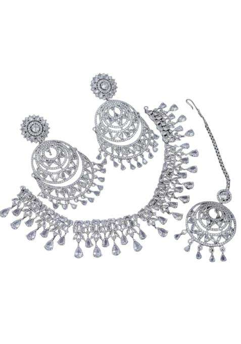 White Bridal Necklace Set with Earrings and Maang Tikka for Women and Girls