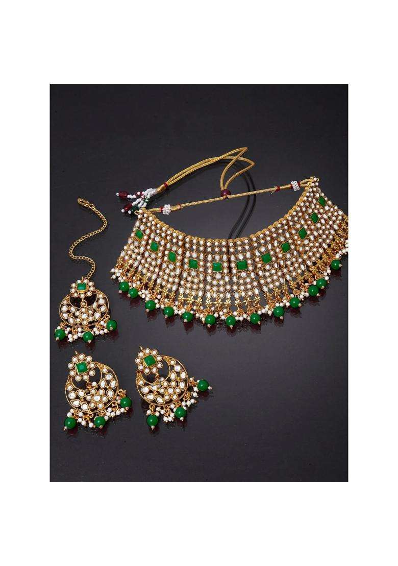 Peora Green Rani Padmavati Kundan Faux Pearl Choker Necklace Earrings Maang Tikka for Women Jewellery Set - Indya