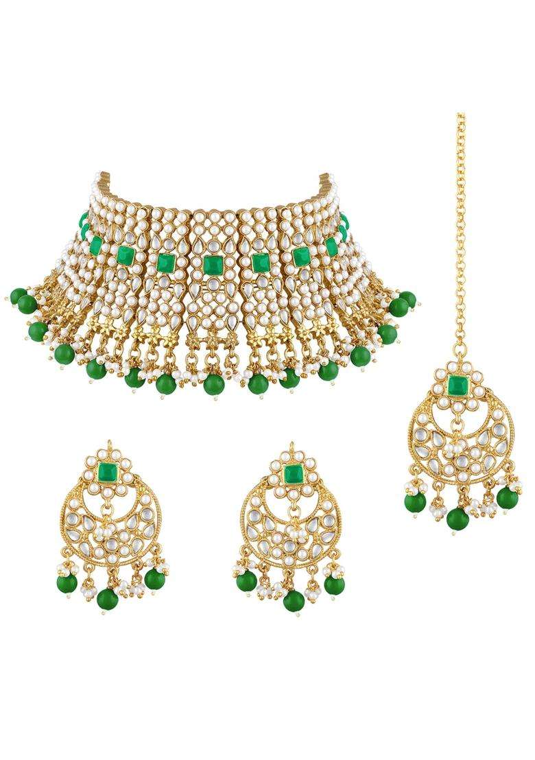 Peora Green Rani Padmavati Kundan Faux Pearl Choker Necklace Earrings Maang Tikka for Women Jewellery Set - Indya