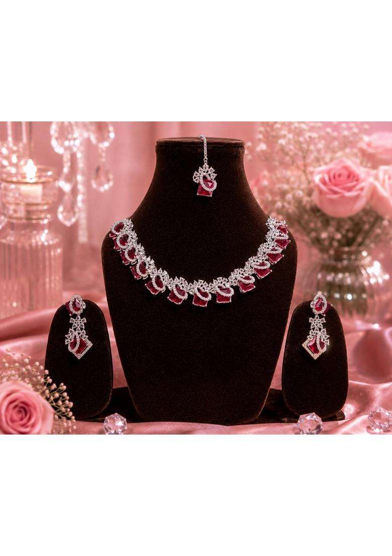 Honeysoni American Diamond Ruby Red Stone Bridal Jewellery Set for Women - Indya