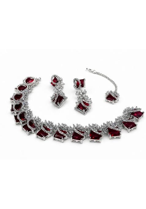 Honeysoni American Diamond Ruby Red Stone Bridal Jewellery Set for Women