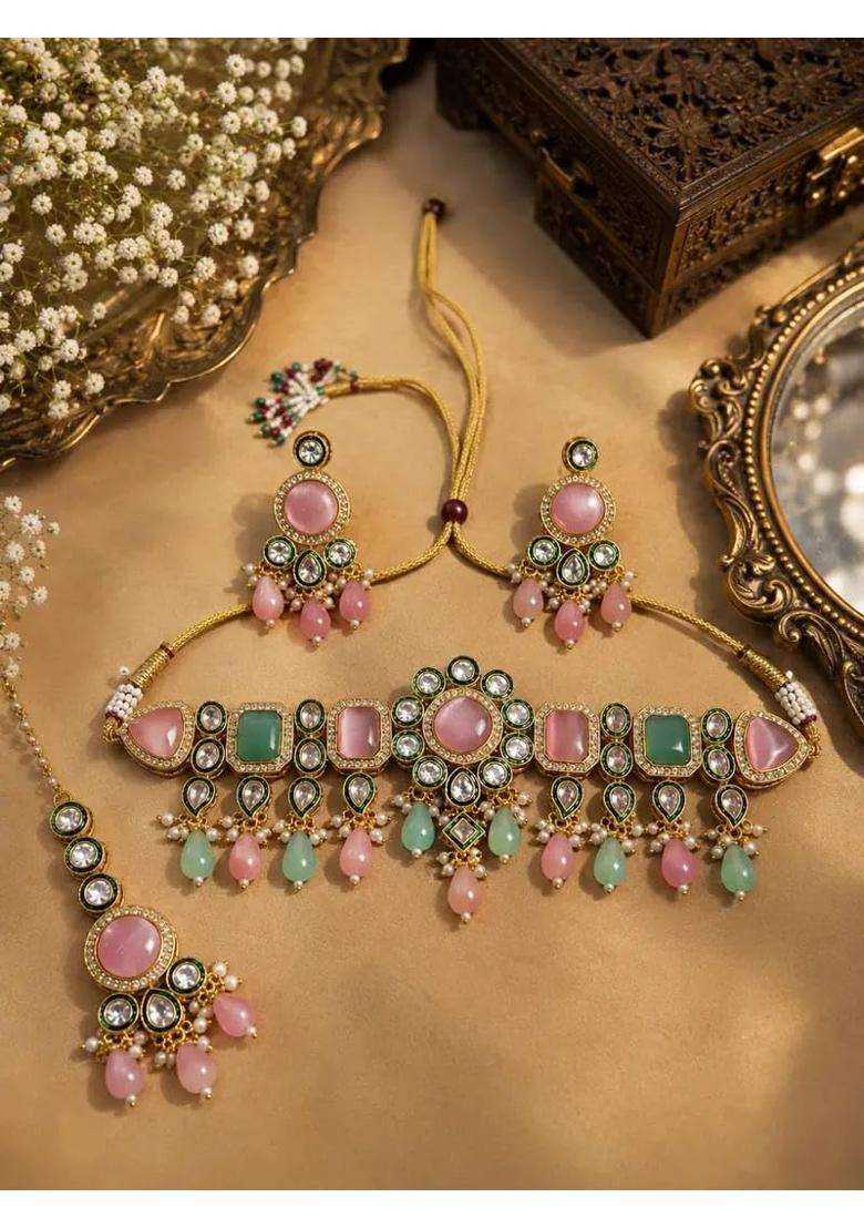 Moahar Pink and Mint Green Kundan Choker Necklace Set with Matching Earrings and Maang Tikka - Indya
