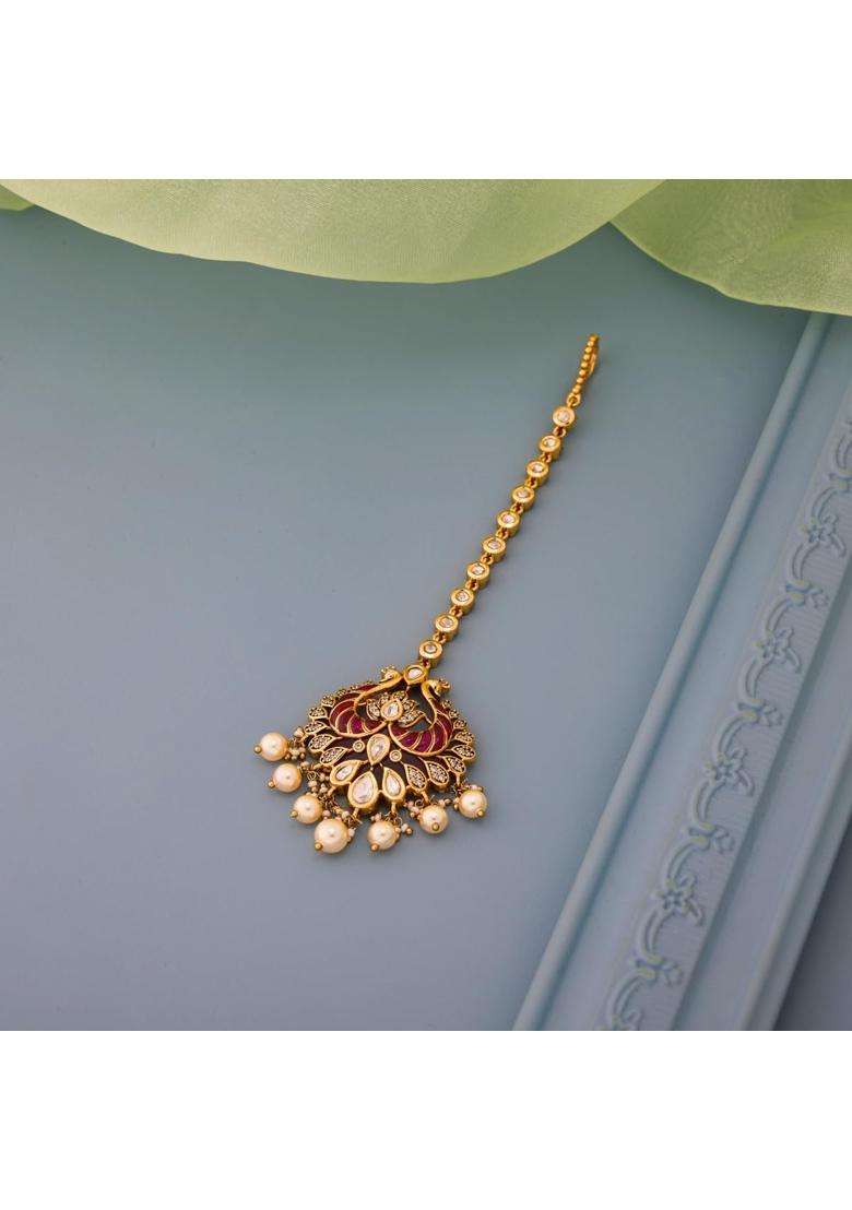 Kushals Fashion Jewellery Ruby Victorian Plated Kundan Maang Tikka for Women - Indya