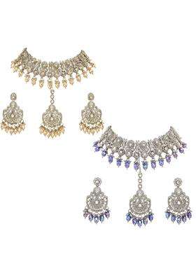 SK Jewellers Fashion Traditional Kundan Choker Necklace Set with Earrings and Maang Tikka for Women Pack of 2
