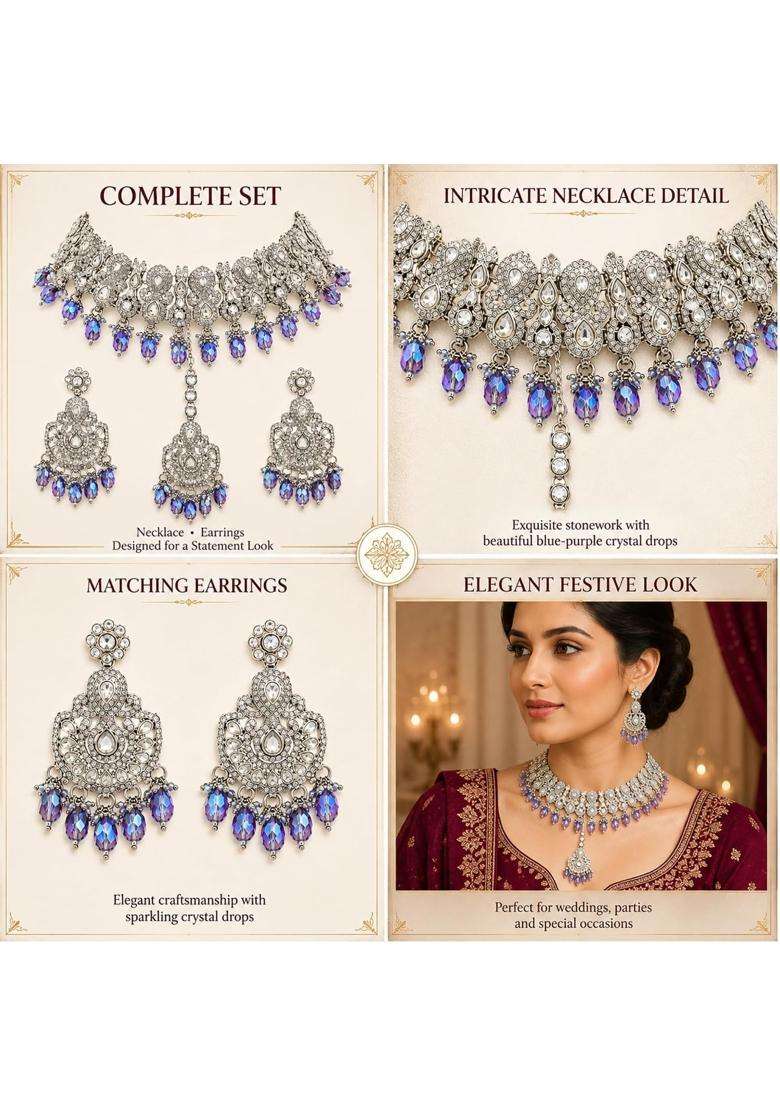 SK Jewellers Fashion Traditional Kundan Choker Necklace Set with Earrings and Maang Tikka for Women Pack of 2 - Indya