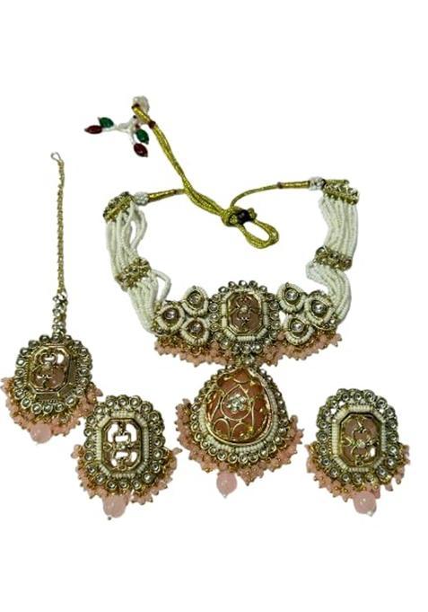 Kundan Choker Necklace Set with Earrings and Maang Tikka Lavender Colour