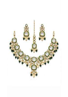 Shroeen Kundan Choker Necklace Set with Earrings and Maang Tikka Dark Green Meenakari Heavy Bridal Jewellery