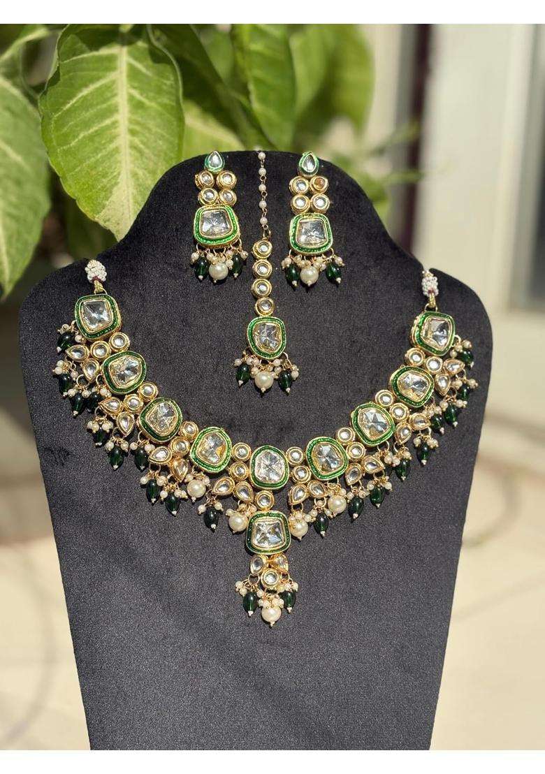 Shroeen Kundan Choker Necklace Set with Earrings and Maang Tikka Dark Green Meenakari Heavy Bridal Jewellery - Indya