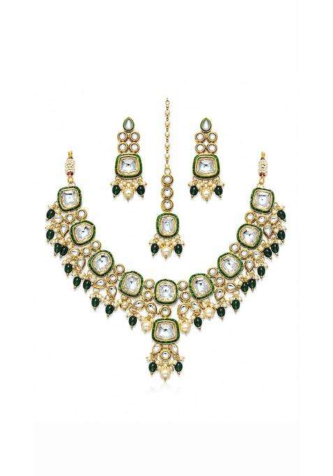 Shroeen Kundan Choker Necklace Set with Earrings and Maang Tikka Dark Green Meenakari Heavy Bridal Jewellery