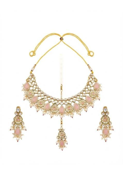PM AURA Jewels Traditional Blush Pink Kundan Choker Necklace with Matching Earrings and Maang Tikka Set