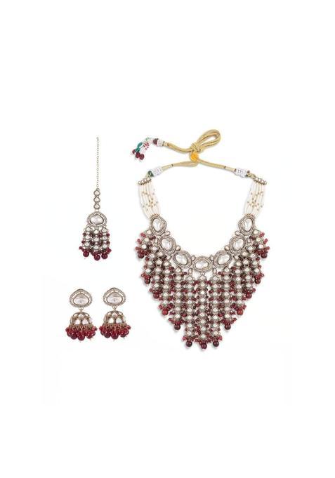 SAMC Women Golden Plated Kundan Maang Tikka and Earrings Set
